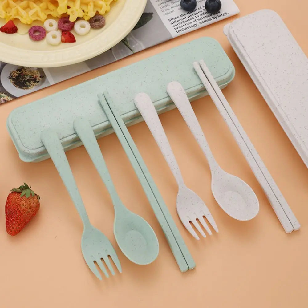 New Plastic Cutlery Set With Storage Box Simplicity Fork And Chopsticks Set Portable Wheat Straw Tableware