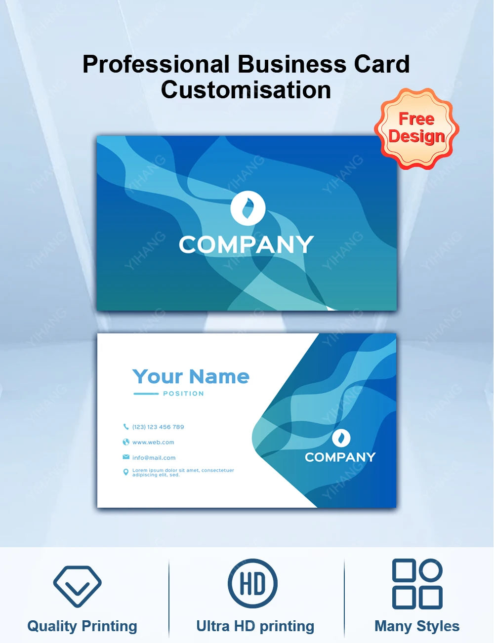 500pcs Free Design, Customized 300gms Logo Printing Business Card, Double-Sided and Full Color Printing, Round