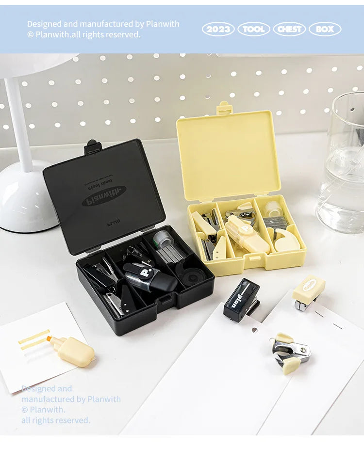 Kawaii 4/8pc Portable Stationery Multi Functional Tool Box Efficiency Set Puncher Stapler Adhesive Tape Mini School Supplies