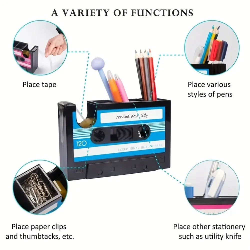 Retro Cassette Tape with Pen Holder 2 in 1 Vintage Desk Organizer for Office Home School Stationery Storage Tape Cutter Gifts