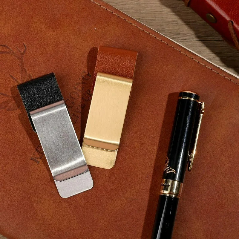 6-1PCS Stainless Steel Leather Pen Holder Pencil Clamps Notebook Bookmark Practical Organizer Clip Pen Holder Office Stationary