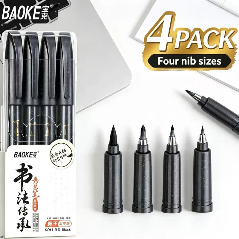 BAOKE 4-Size Calligraphy Pen Set for Writing, Hand Lettering, Black Ink Brush Markers Sketching Calligraphie Art Supplies Artist