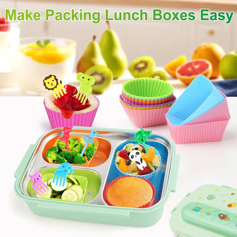 Mini Fruit Forks For Children Kids Cute Animal Food Picks Snack Toothpicks With Vegetable Cutter Set Silicone Lunch Box Dividers