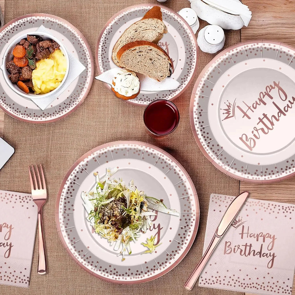 New Rose Gold Birthday Party Paper Tableware Disposable Set,Come with Dining Plate,Napkin Cup and Straw Party Supplies Tableware