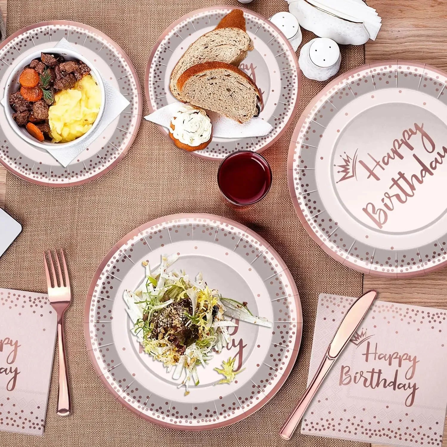 New Rose Gold Birthday Party Paper Tableware Disposable Set,Come with Dining Plate,Napkin Cup and Straw Party Supplies Tableware