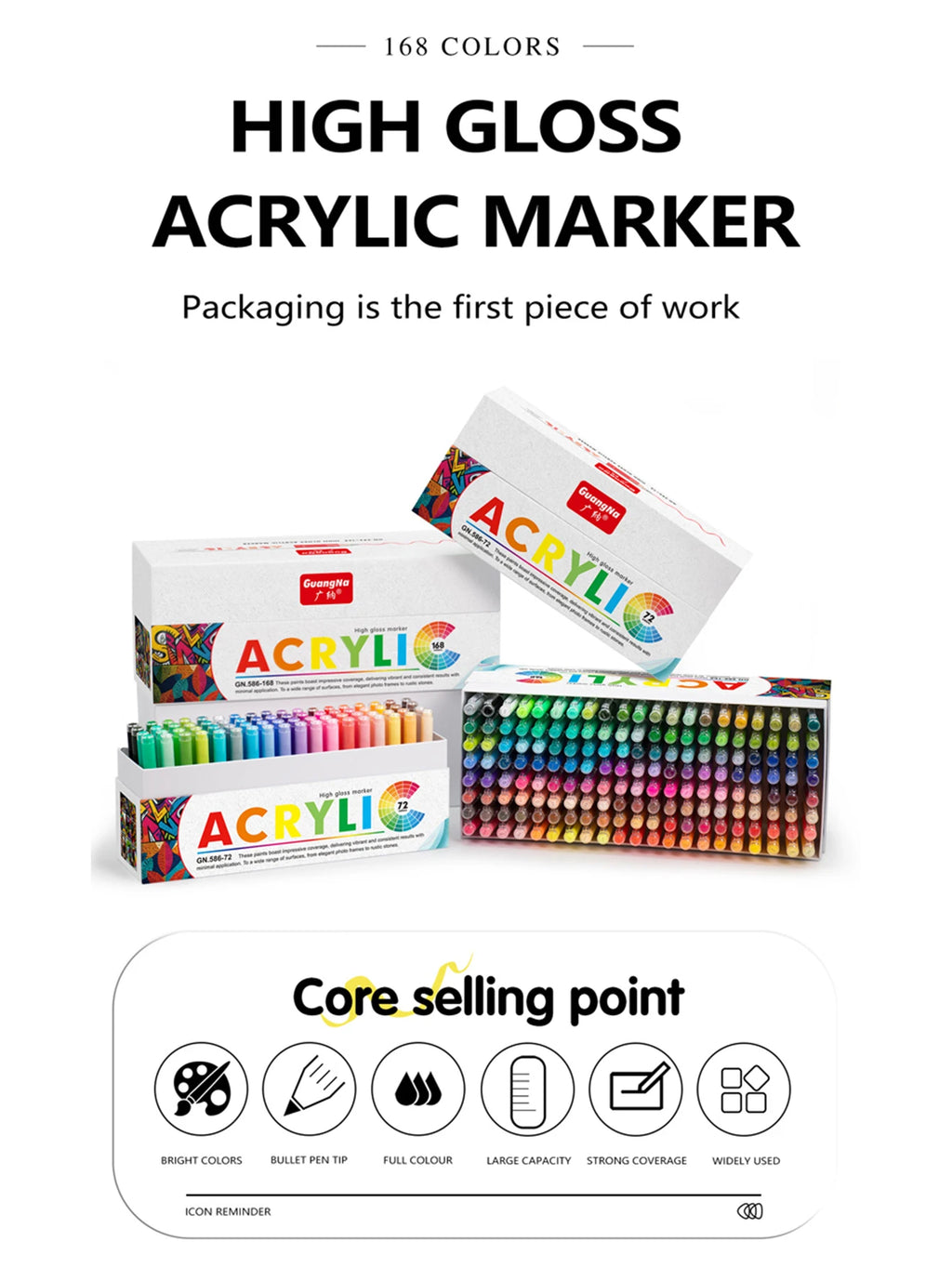 GuangNa 168/12 Colors High Gloss Acrylic Marker Pen Set,Hard Headed Drawing Pens,DIY Graffiti Paint Pen Stationery,GN.586