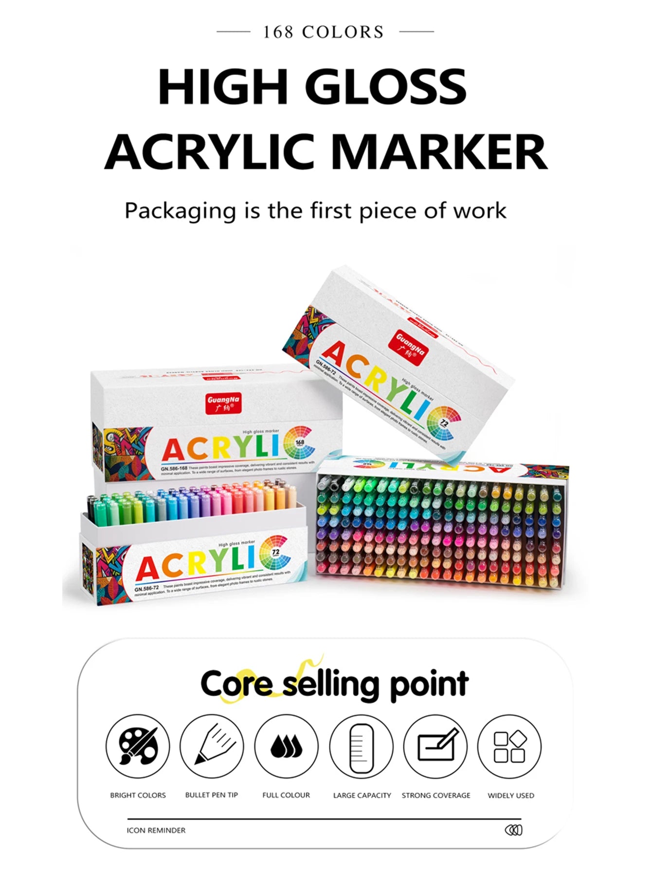 GuangNa 168/12 Colors High Gloss Acrylic Marker Pen Set,Hard Headed Drawing Pens,DIY Graffiti Paint Pen Stationery,GN.586