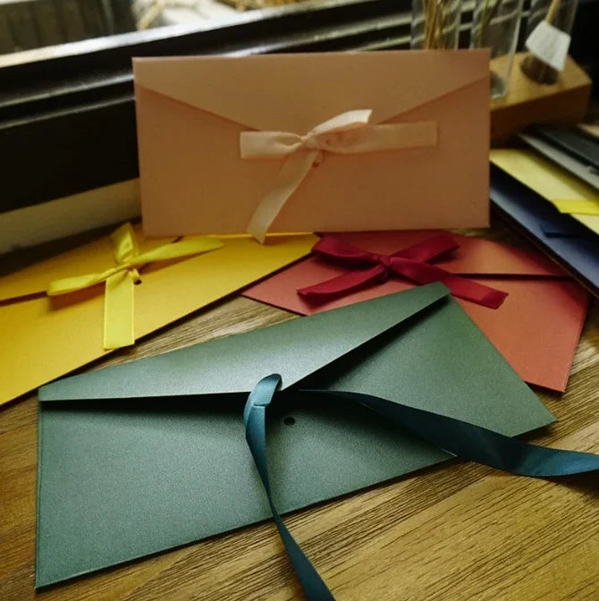 10 Pcs/set Envelope Pearlescent Paper Bow Thicken Ribbon Retro Creative Color Stationery Wedding Invited Gift High Quality