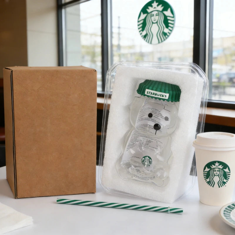 Starbucks Bearista Bear Clear Glass Tumbler 591ml 20oz Green Lid With Straw Cold Water Iced Coffee Home Café Gift