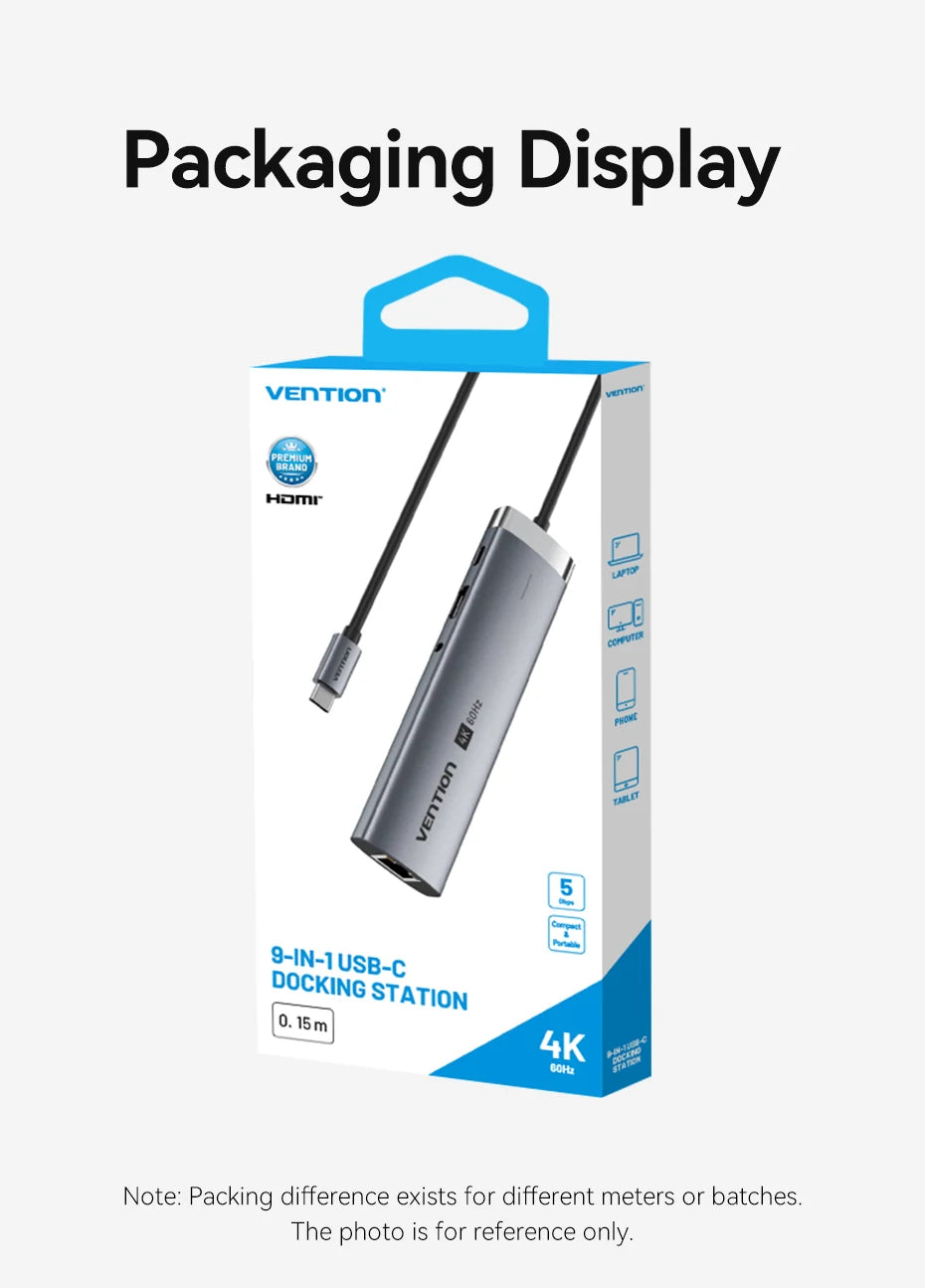 Vention USB C Hub HDMI 4K 60Hz 9 in 1 PD 100W RJ45 Adapter USB3.0 Hub 5Gbps Splitter Docking Station for MacBook Air iPad Laptop