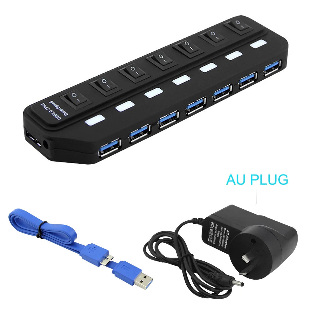 USB 3.0 HUB Multi USB Splitter 4/7 Port Expander High Speed USB 3.0 Hab with Power Adapter USB 3.0 Hub with Switch for Laptop PC