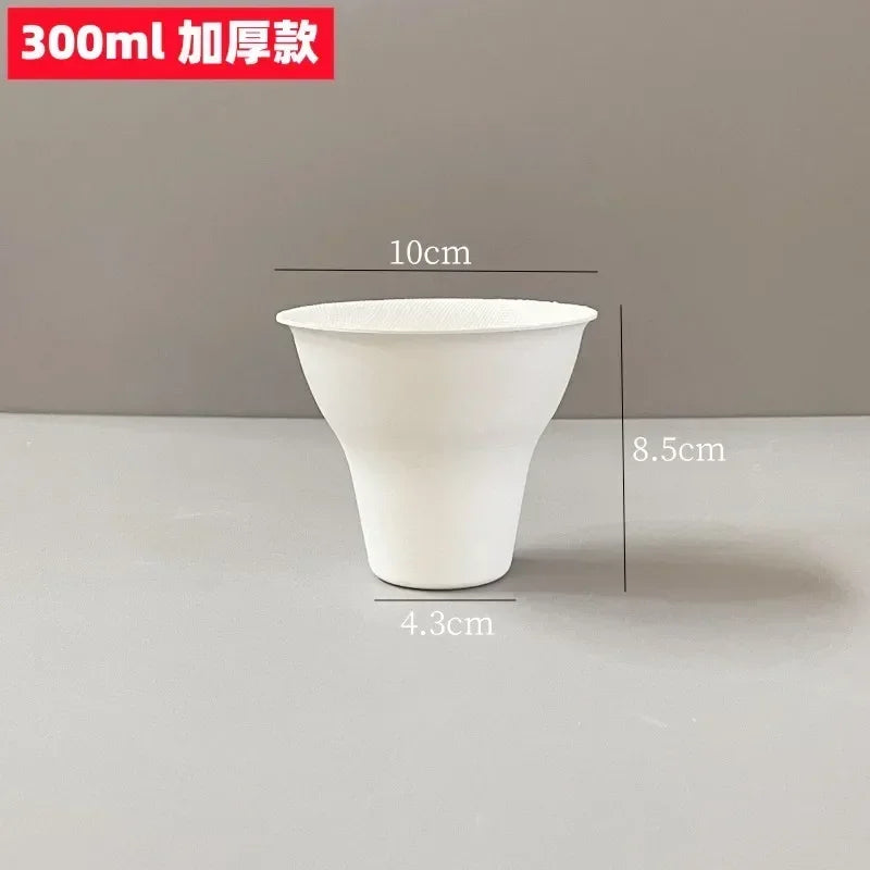 50pcs Disposable Biodegradable Paper Cup 300ml Ice Cream Tiramisu Handheld Cup with Lid White Eco-friendly Dessert Packaging Mug