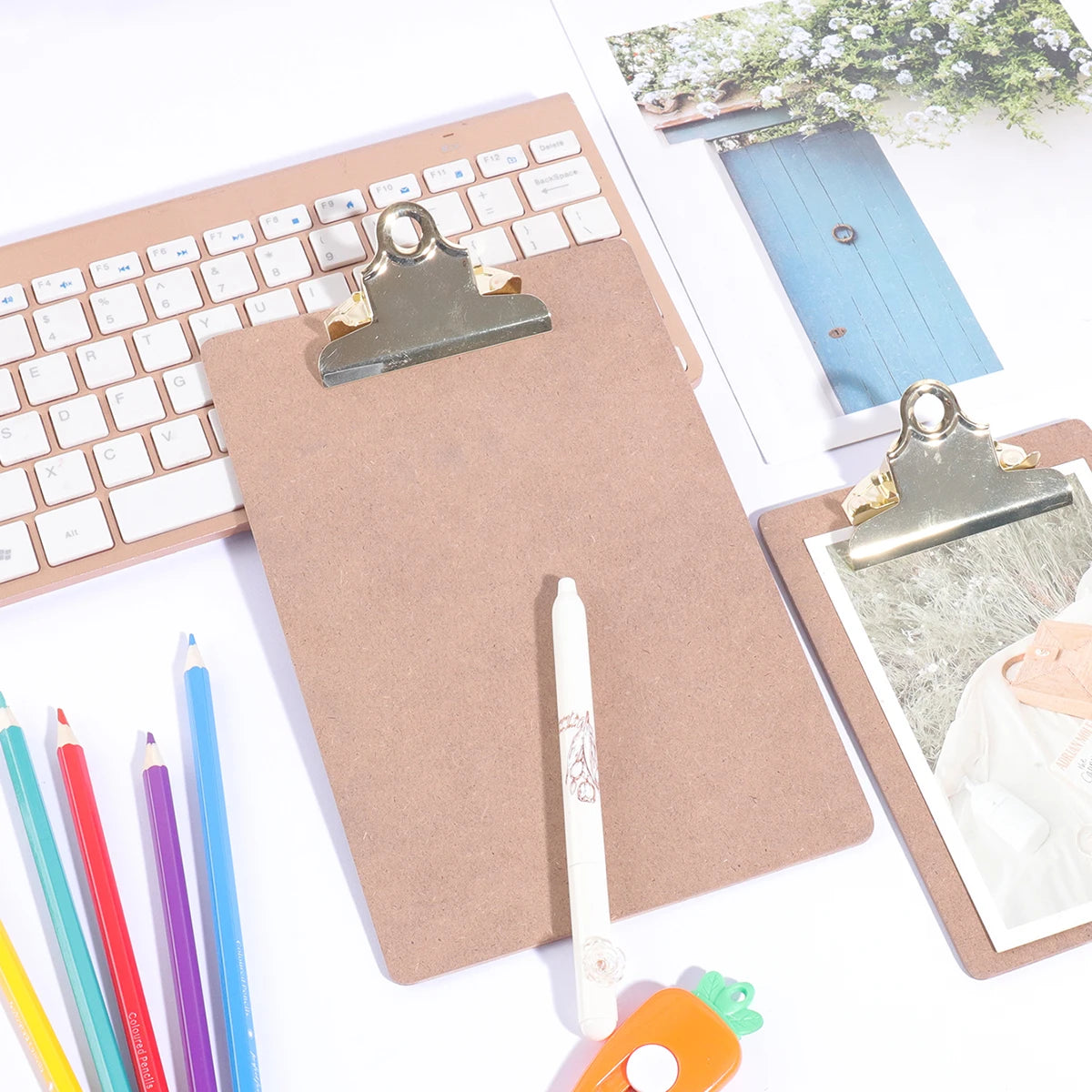 Wood Color Folder with Golden Metal Clip Different Sizes Portable Stylish Notes Ticket Holder Office School Stationery Supplies