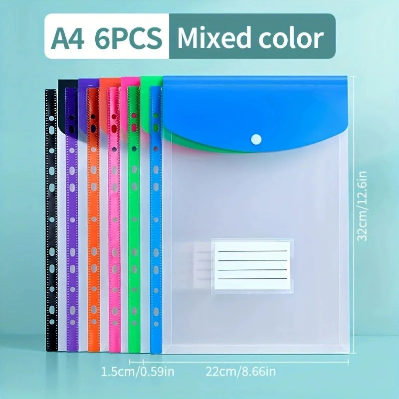 6 Pcs A4 Plastic Envelope with Adhesive Snaps 11-Hole Expansion Bag for 2/3/4 Ring Binders School Office File Storage Organizer