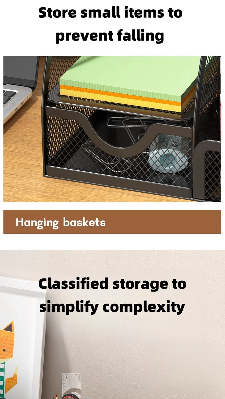 7 Compartment Metal Mesh Desktop Organizer with Drawer Pen Pencil Holder Stationery Storage for Home Office School Students Dorm