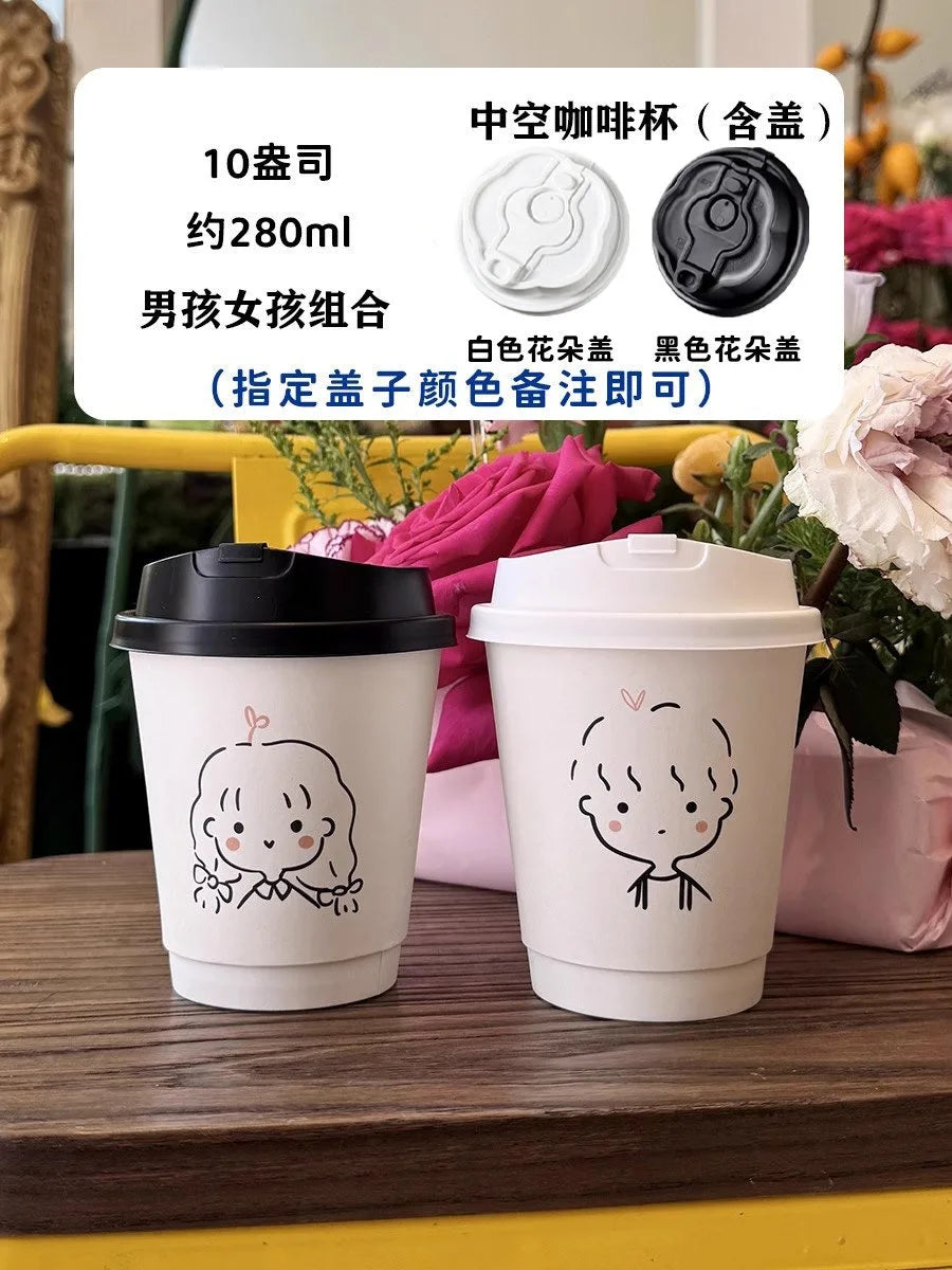 50 Sets of Coffee Packaging Cups Thickened and Heat-resistant Disposable Paper Cups Handdrawn Boys and Girls Juice Milk Mug
