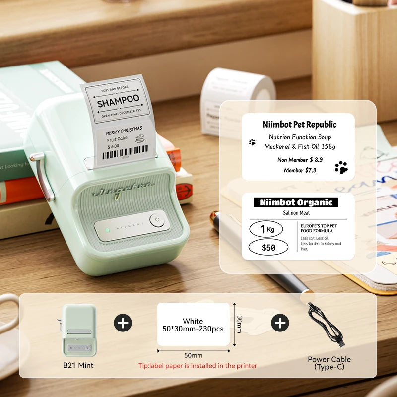 NiiMbot B21 Mini Thermal Printer Wireless Barcode Label Maker Bluetooth Portable Adhesive Label Printers for Office Commercial
