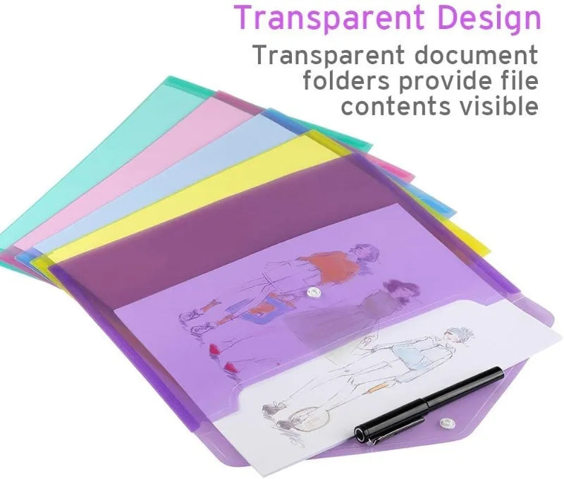 10/5pcs A4 Folders Plastic Envelopes Clear File Folder for Document Poly File with Label Pocket Snap Button for Office Organizer