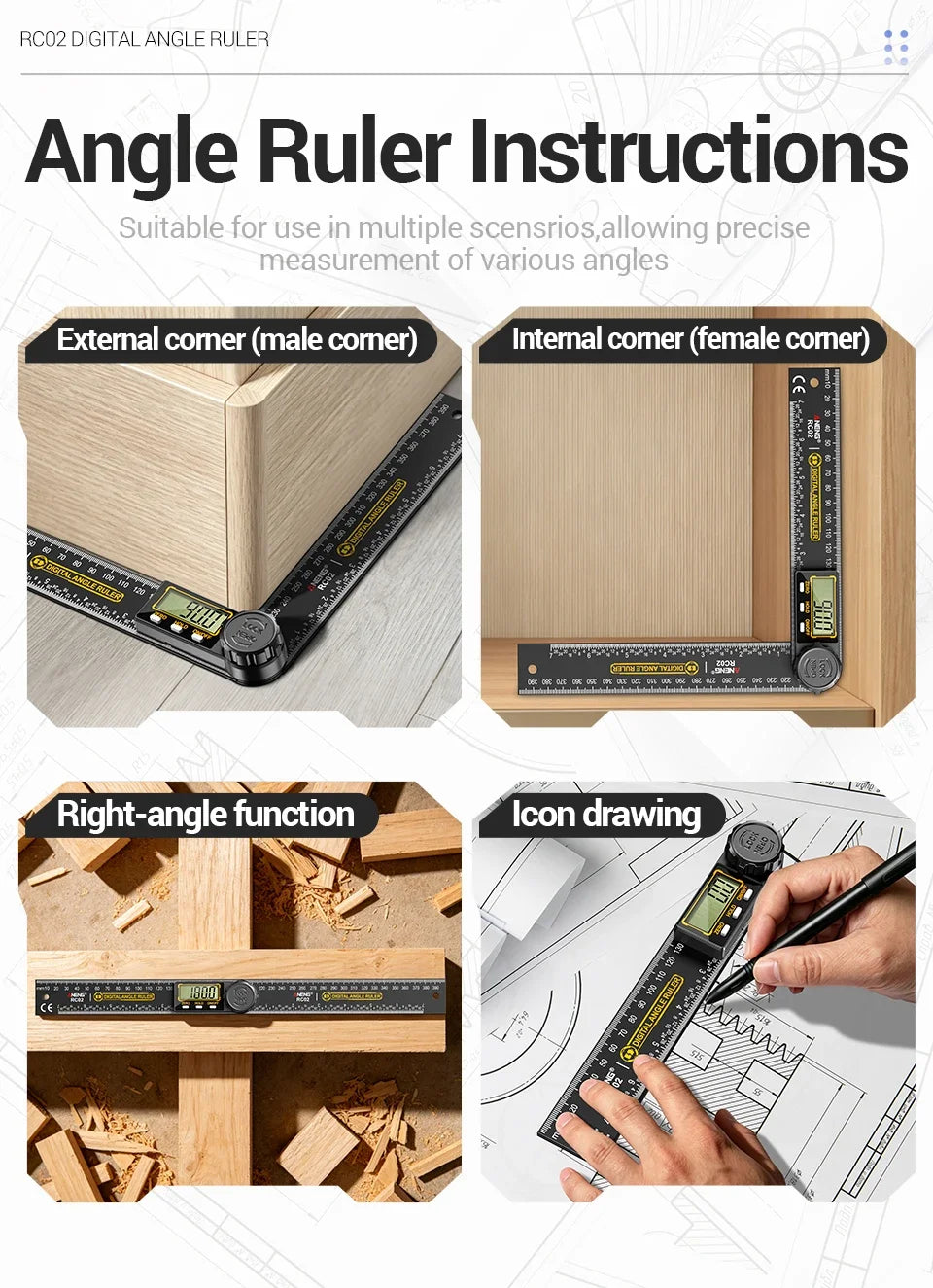 ANENG RC02 Digital Gauge Angle Goniometer Electronic Protractor Smart Inclinometer Angle Woodworking Tool Angle Finde 360°