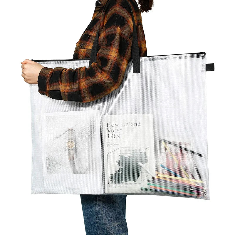 19x25 Inch Art Portfolio Bag with Handle & Zipper, Vinyl Mesh Folder Organizer for Bulletin Boards, Scrapbooks, Posters, Durable
