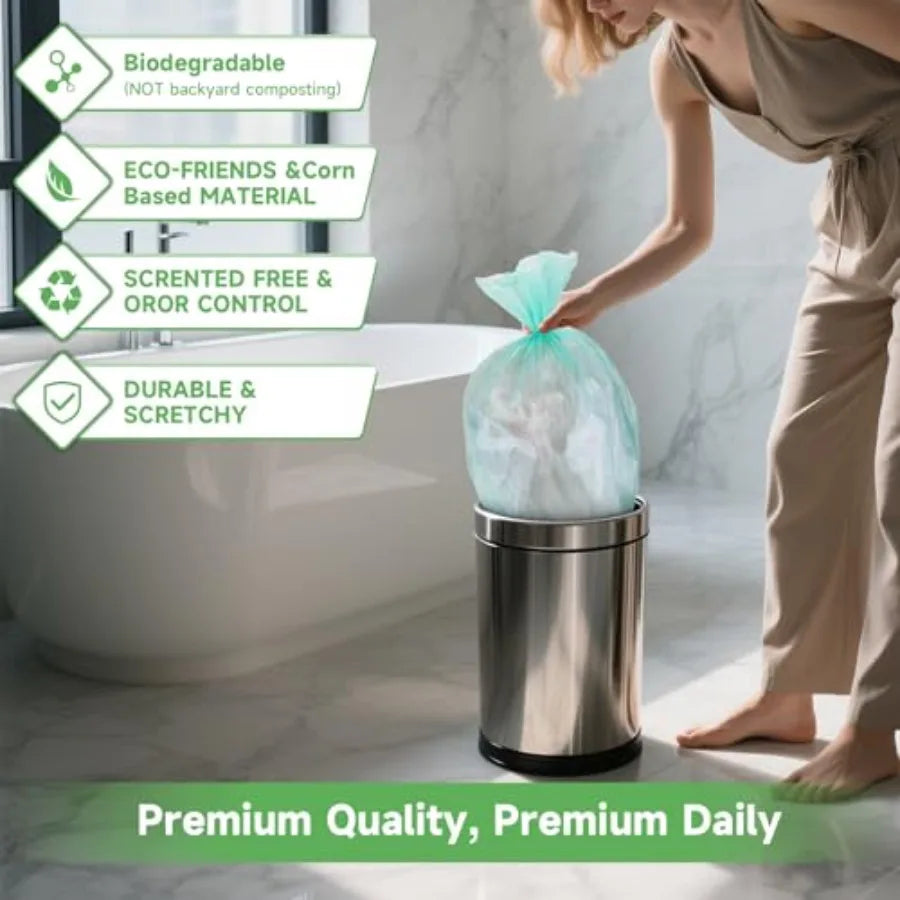 2 Gallon Mini Green Trash Bag - Small Garbage Bags For Bathroom Can 100 Count 7.5 L Unscented Compostable Biodegradable Tiny Li