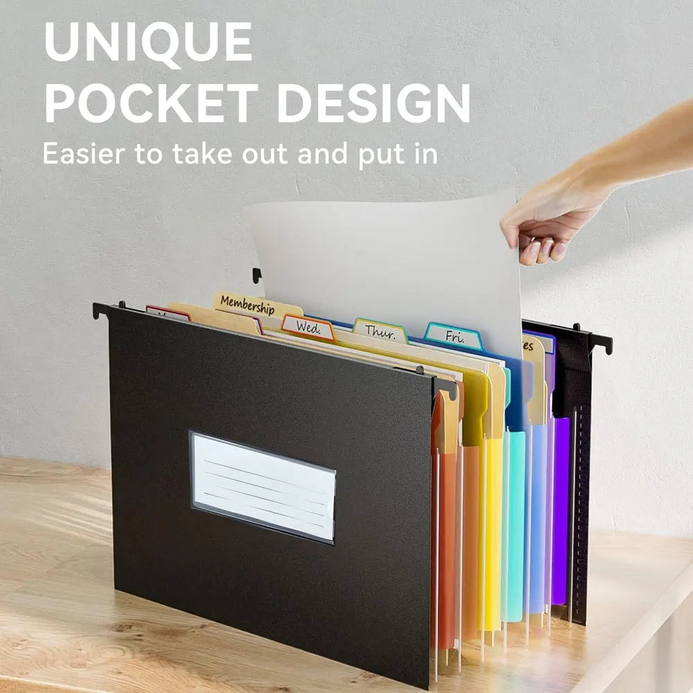 1-Pack of Plastic Telescopic Hanging Folders with 7 Compartments and Multi-Colored Labels, Suitable for Filing Cabinets.