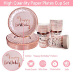 New Rose Gold Birthday Party Paper Tableware Disposable Set,Come with Dining Plate,Napkin Cup and Straw Party Supplies Tableware