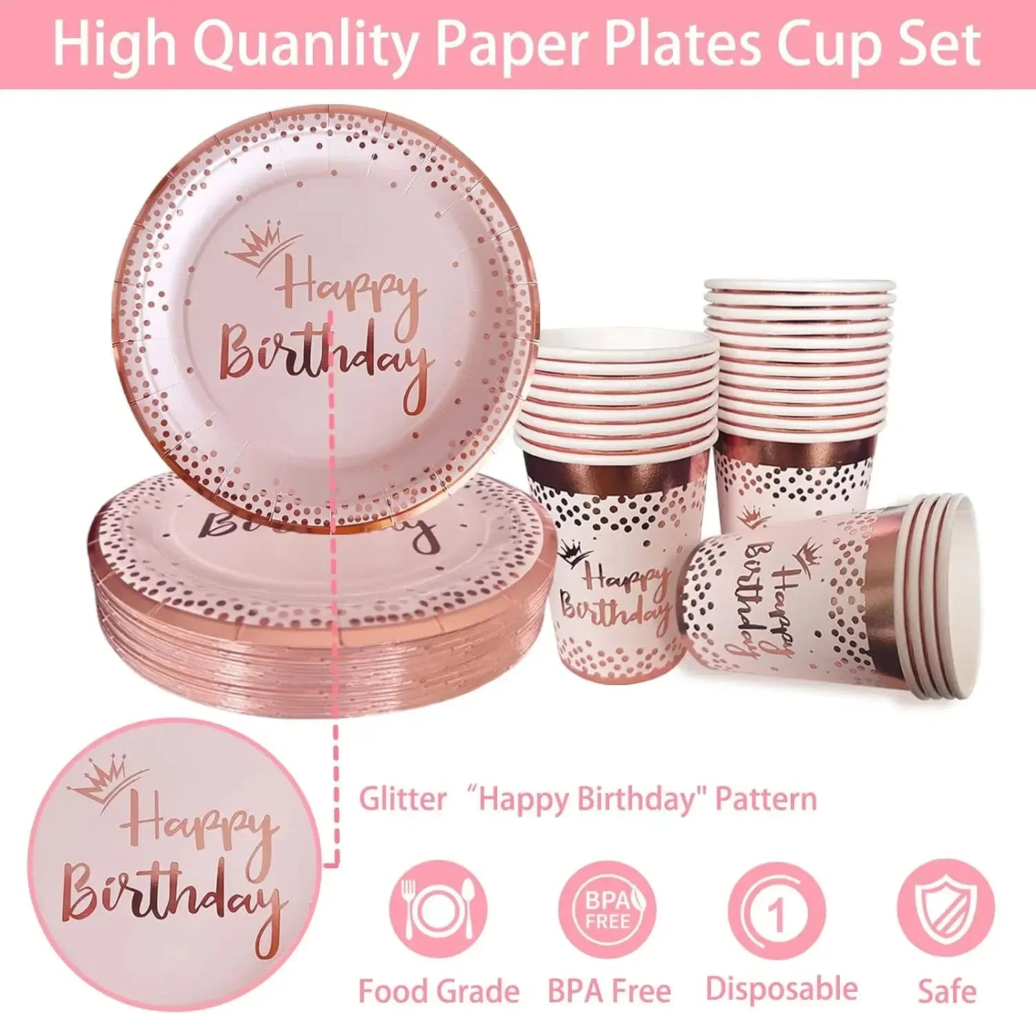 New Rose Gold Birthday Party Paper Tableware Disposable Set,Come with Dining Plate,Napkin Cup and Straw Party Supplies Tableware