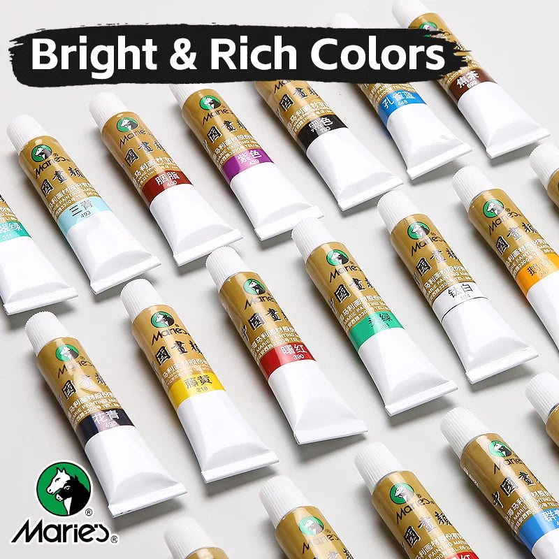 Marie's Chinese Paint Pigment Set,12/18/24/36 Colors 5ml/0.17oz Sumi Watercolor with 8pcs Art Tools for Landscape,Ink,Writing