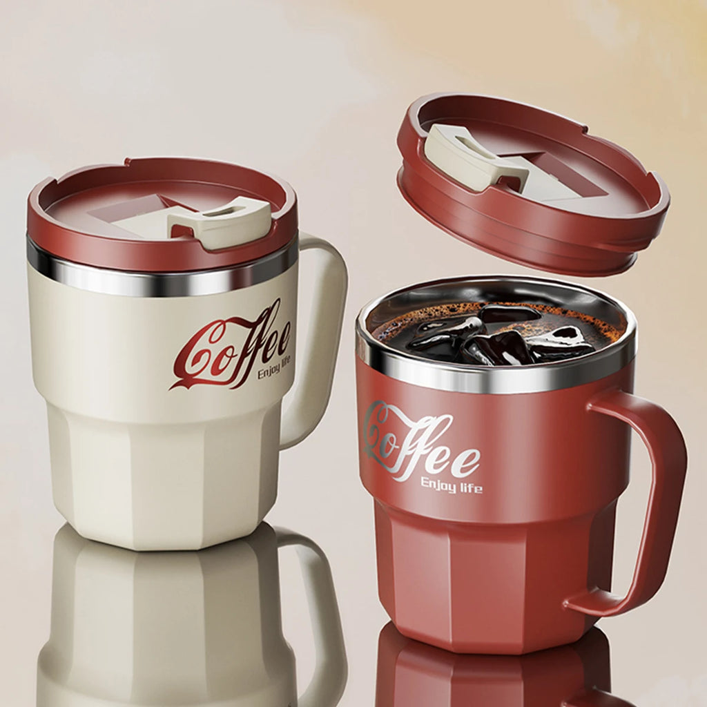 WORTHBUY Coffee Mug With Lid&Handle 304 Stainless Steel Tea Milk Coffee Cup Double Wall Insulated Anti Scalding Drinking Cup