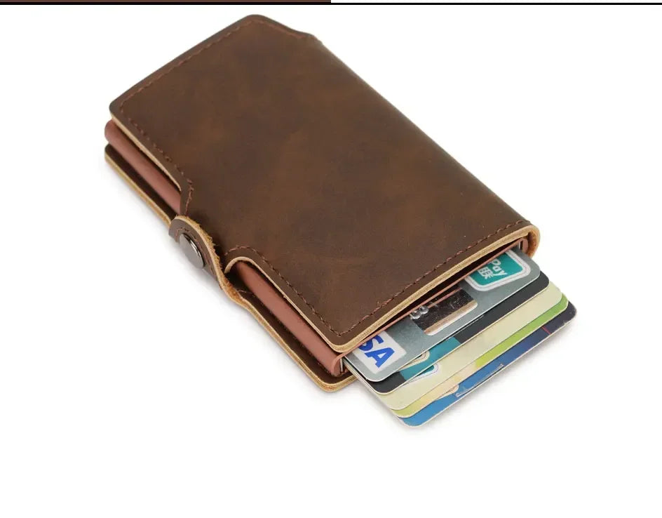 Rfid Credit Card Holder Luxury Split Leather Wallet Men Metal Slim Thin  Minimalist Wallet Bank Cardholder Case Travel Wallet