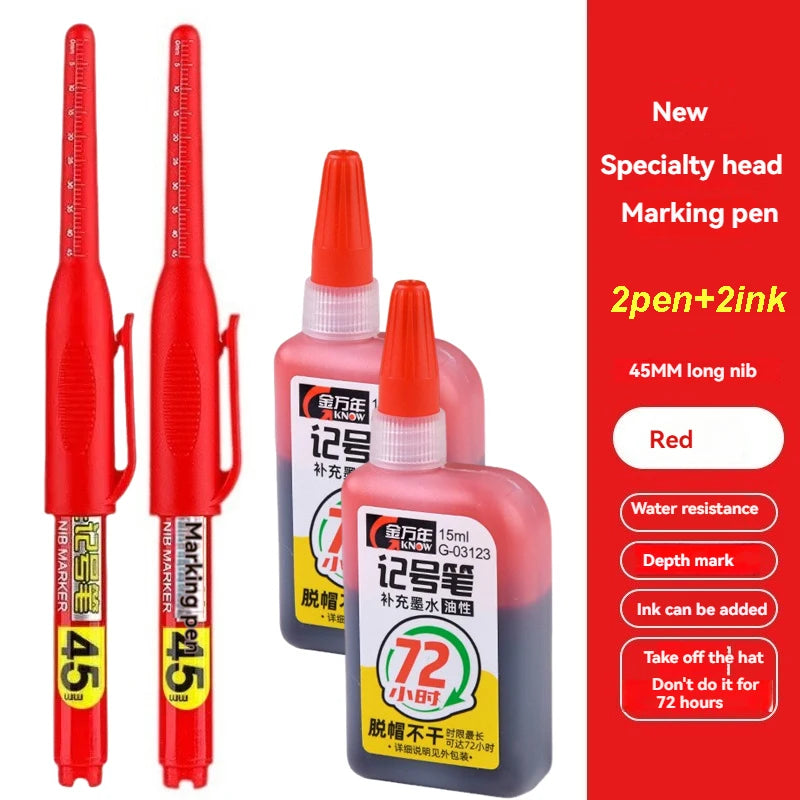 45mm Waterproof Long Head Nib Deep Hole Markers Pen Tile Carpenter Pen Multi-purpose for Woodworking Black/White/Red Ink