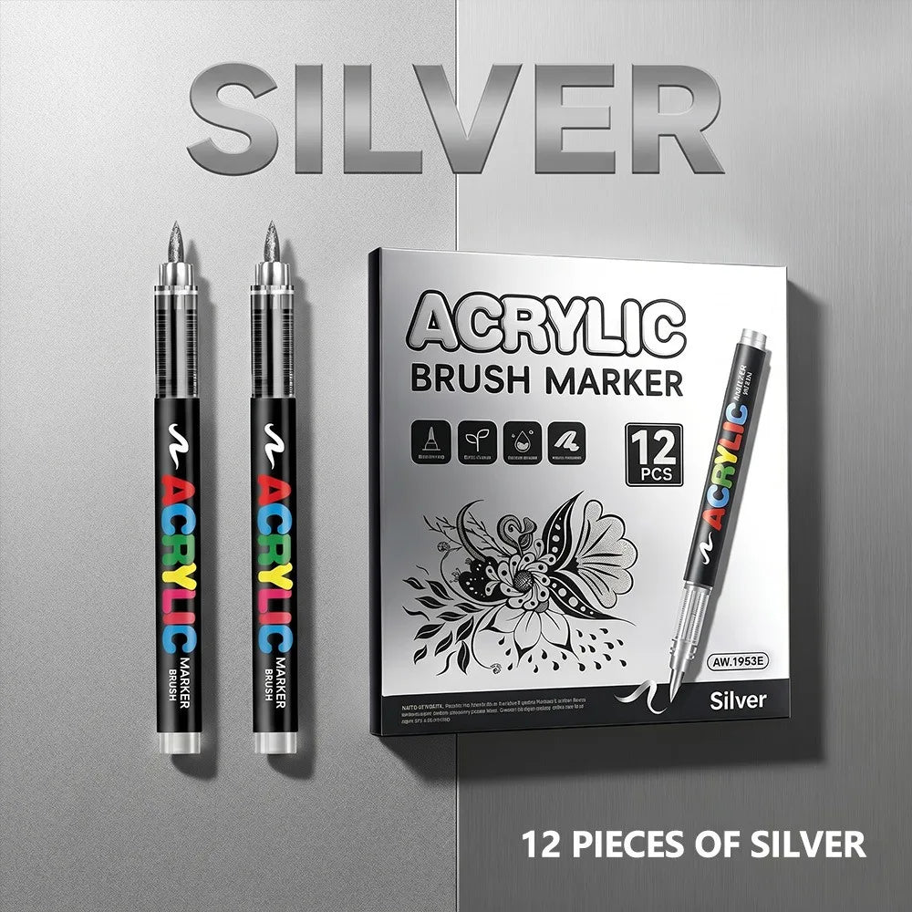 12 Pcs Black and White/Gold and Silver Acrylic Paint Markers Set, Large Ink Capacity, Skin Color Brush Markers Pen Art Supplies