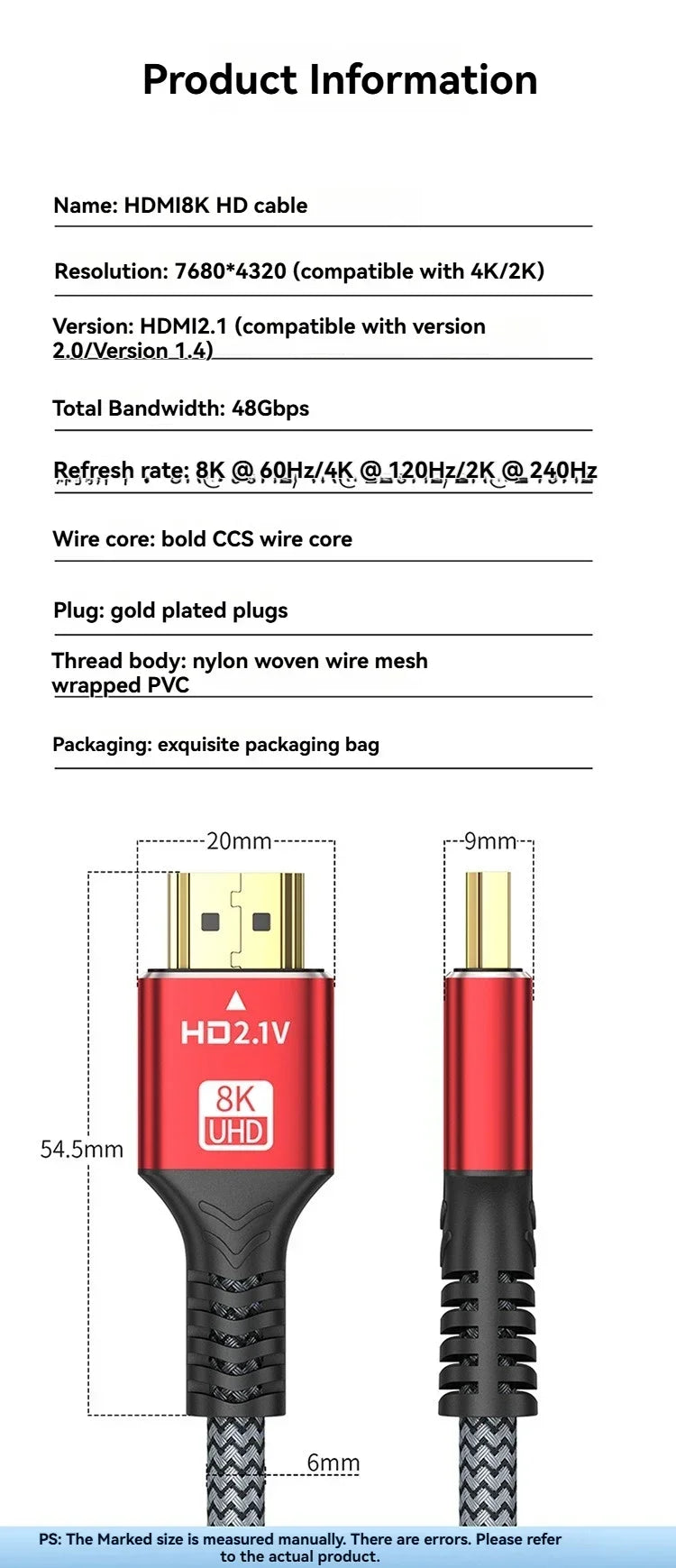 MINGCVIL 48Gbps HDMI-compatible Cable 8K 60Hz 1m 2m 3m 5m HDMI-compatible 2.1 Cable 4K 120Hz HDR 3D Effect Video for HDTV PC