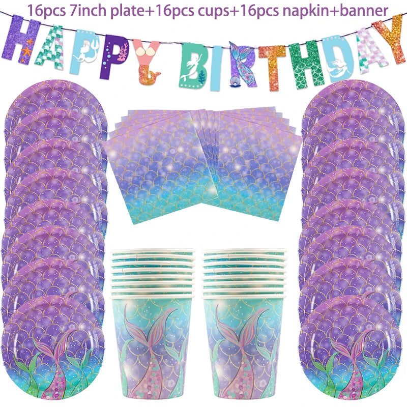 Mermaid Birthday Party Decoration Kids Disposable Plate Cup Girls Under The Sea Little Mermaid Baby Shower Birthday Party Decor
