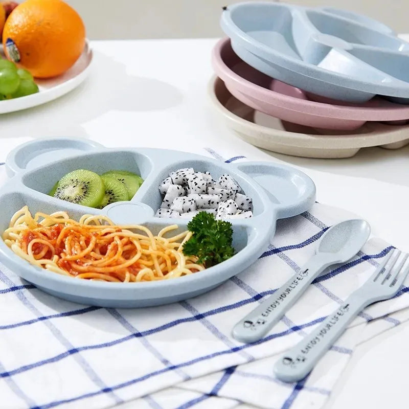 3Pcs/set Wheat Straw Baby Dishes Cartoon Tableware Set Kids Dinner Platos Baby Feeding Plate Training Bowl Spoon Fork Tableware