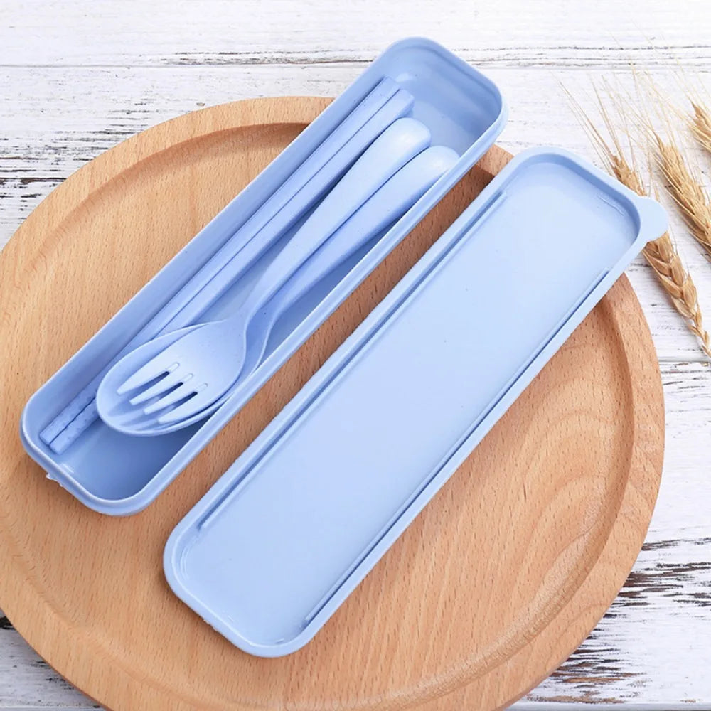 New Plastic Cutlery Set With Storage Box Simplicity Fork And Chopsticks Set Portable Wheat Straw Tableware