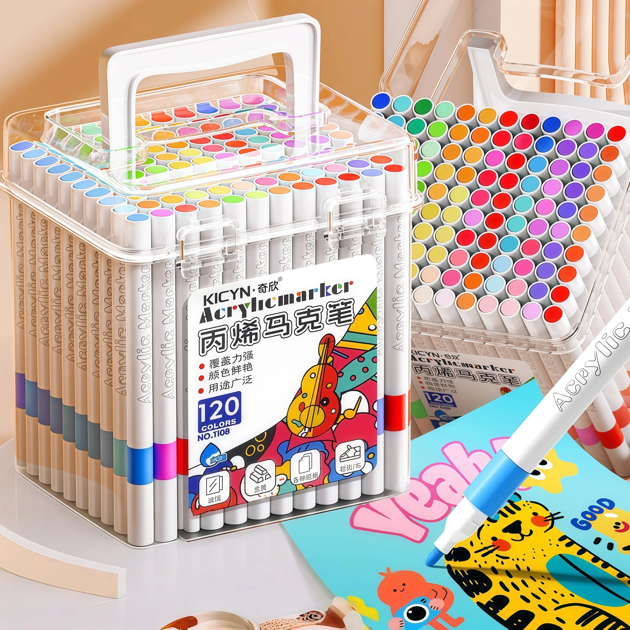Water-Washable, Non-Bleeding, Layerable Acrylic Markers for Primary School Students - Waterproof, Bucket-Packed Colored Pens