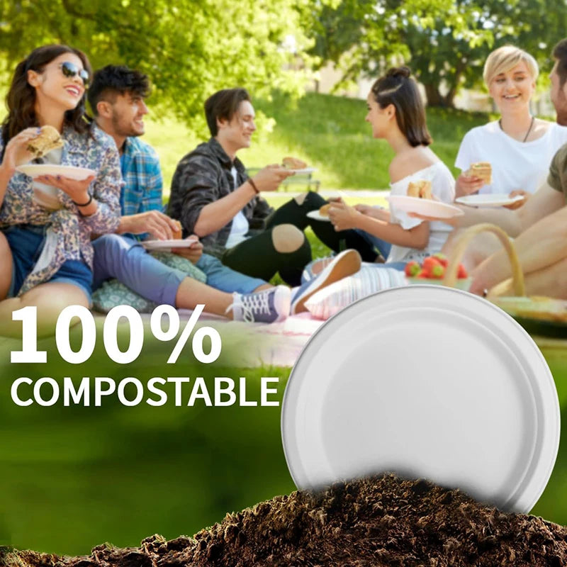 50 Pack Premium  Compostable Plates, Sugarcane Fiber Material Heavy Duty Disposable Tableware for Home Outdoor Use Eco Conscious
