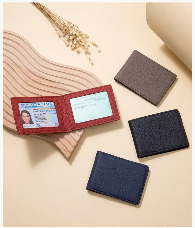 Thin Minimalist Bifold Design Driver's Licence Cover Genuine Leather ID Badge Window Slot Credit and Debit Vaccinum Cards Holder