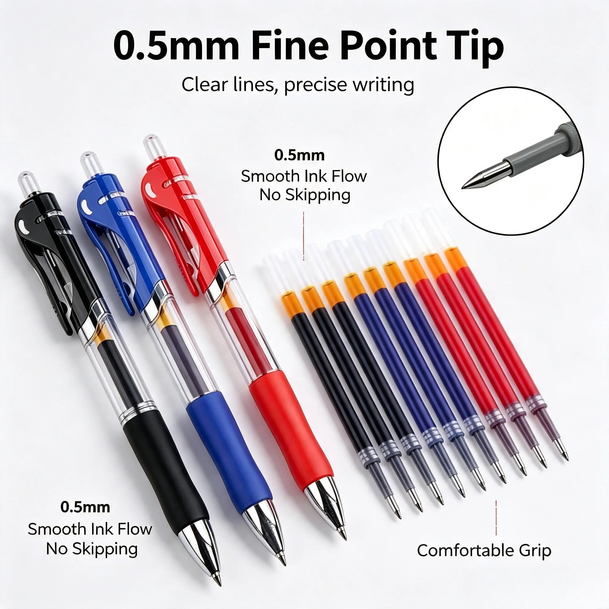 13Pcs Set Ballpen Retractable Gel Pens Black Red Blue Ink 0.5mm Ballpoint Replaceable Refills Office School Supplies Stationery