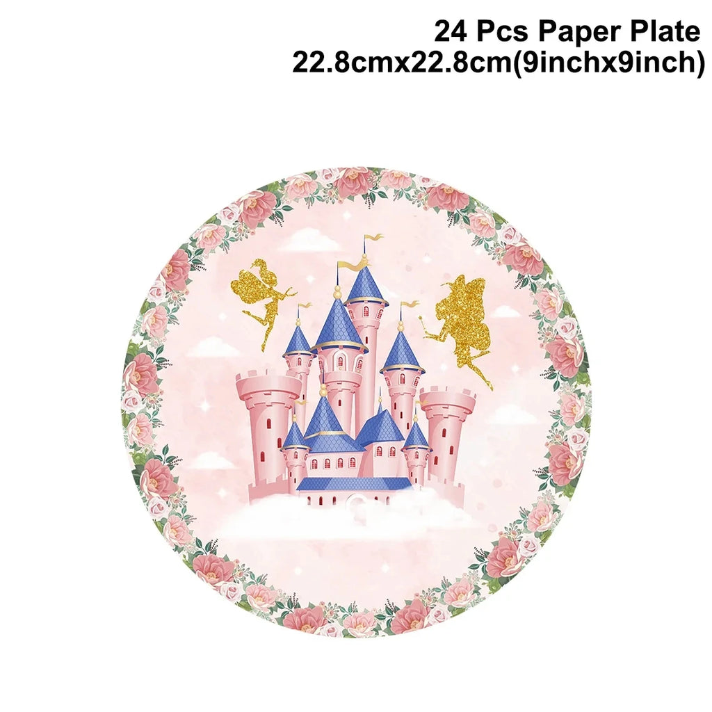 Princess Pink Castle Theme Birthday Party Disposable Tableware Set Paper Plate Paper Napkin Happy Birthday Party Decor Kids Girl