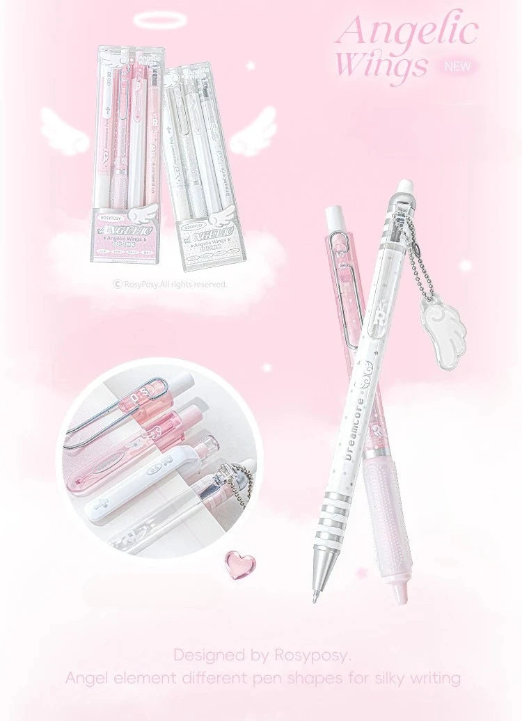 4pcs/set Pearl Angel Gel Pen Set Cute Exam Pens with Wing Design Kawaii Cartoon 0.5mm Black Ink for Kids Back To School Student