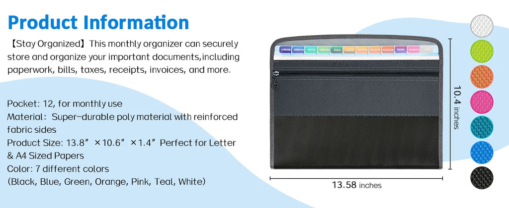 Kobest Expanding File Organizer 13 Pocket Accordion A4 Document Ziper Folder Bag Hot Style