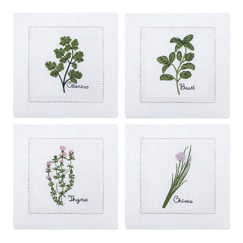 New Embroidered Herb Cocktail Napkin, Pure Linen, Lavender, Rosemary, Mint，Sage，Natural, Elegant, Tea Napkin, 15x15cm,