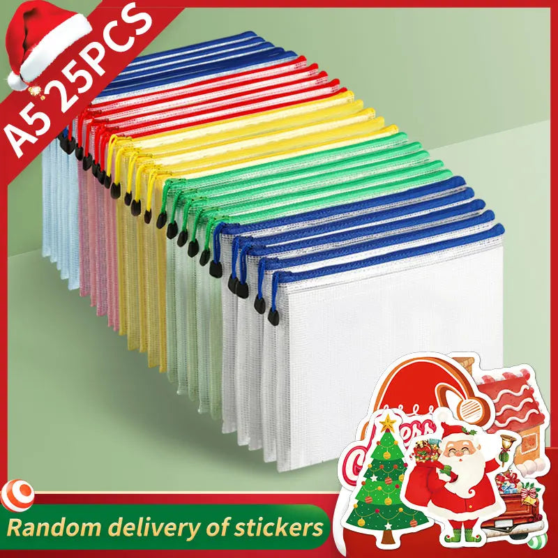 Christmas Stickers A5 Mesh Zipper Bag, Document Storage Bag, Waterproof And Rip-Proof Folder, Student Office Mobile Supplies