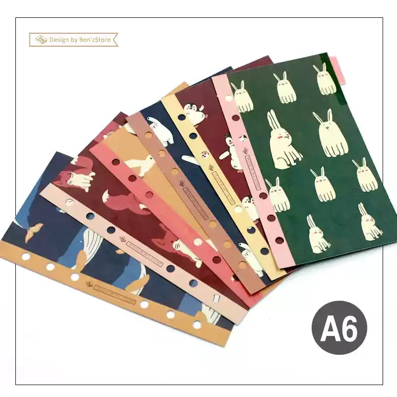 Retro Bookmarks Index Pages 6pcs A5/A6/A7/M5 6-Holes Binder Index Divider Cartoon Multicolor Loose-Leaf Notebook Classification