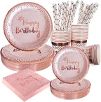 New Rose Gold Birthday Party Paper Tableware Disposable Set,Come with Dining Plate,Napkin Cup and Straw Party Supplies Tableware