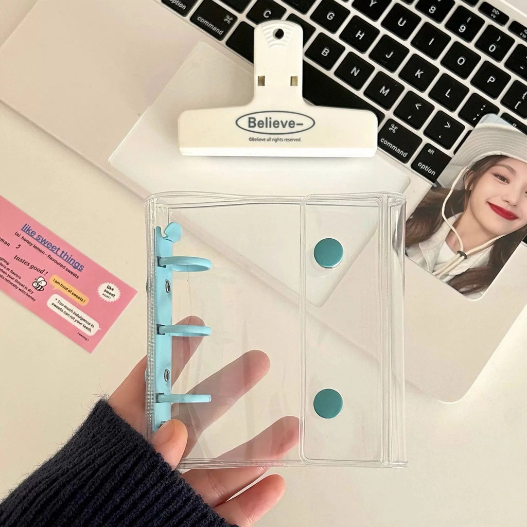 Mini Transparent 3 Ring Binder Covers, Beaded Storage Soft Notebook Closure Loose Leaf Folder Round Ring Cover Protector Button