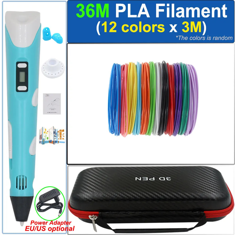 Children's 3D Pen 3D Drawing Printing Pen with LCD Screen Power Adapter 200M PLA Filament Toy Kids Christmas Birthday DIY Gift
